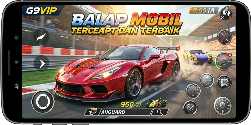 Screenshot gameplay G9VIP menunjukkan balapan yang mendebarkan.