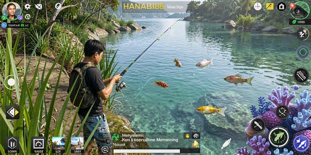 Screenshot gameplay <strong>HANABI88</strong> menampilkan aksi memancing yang seru.