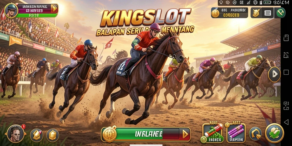 Tangkapan layar KINGSLOT menampilkan aksi balapan yang mendebarkan.