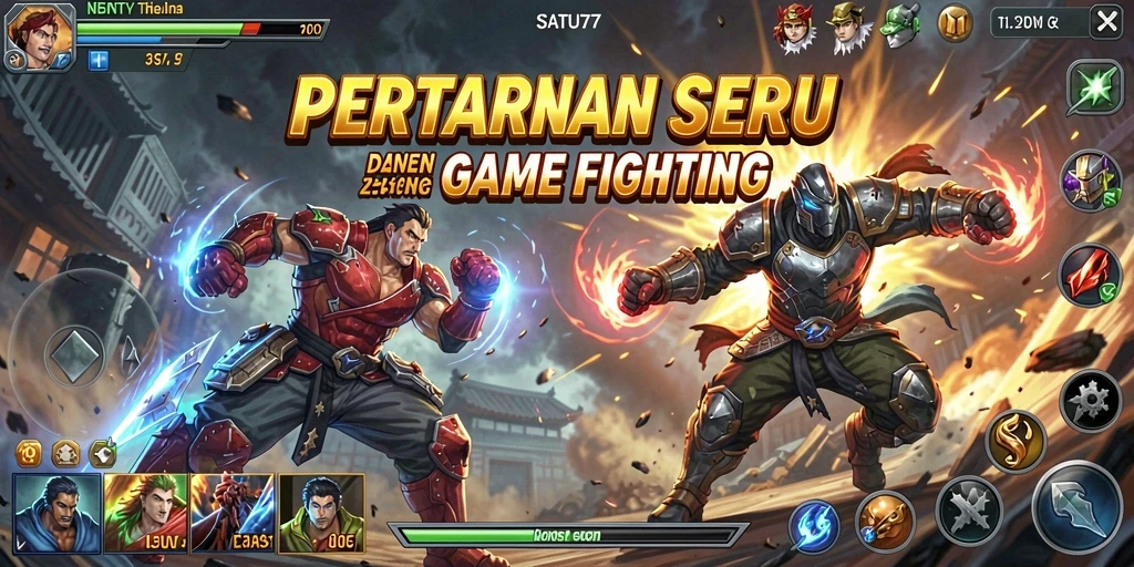 Screenshot utama SATU77 menunjukkan pertarungan seru karakter dalam arena bertarung.