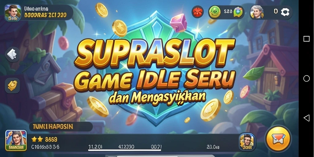 Tampilan gameplay SUPRASLOT dengan karakter yang aktif dan sumber daya yang berkembang.